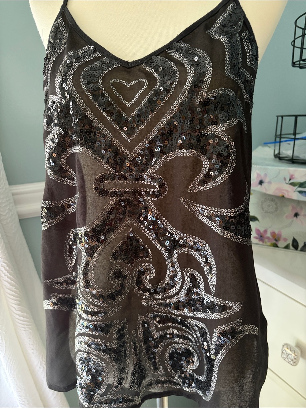 Black Sequin Embellished Sheer Camisole